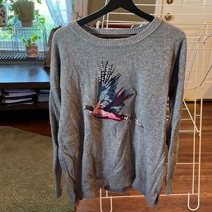 Grey wool sweater with embroidered pheasant — sz 12